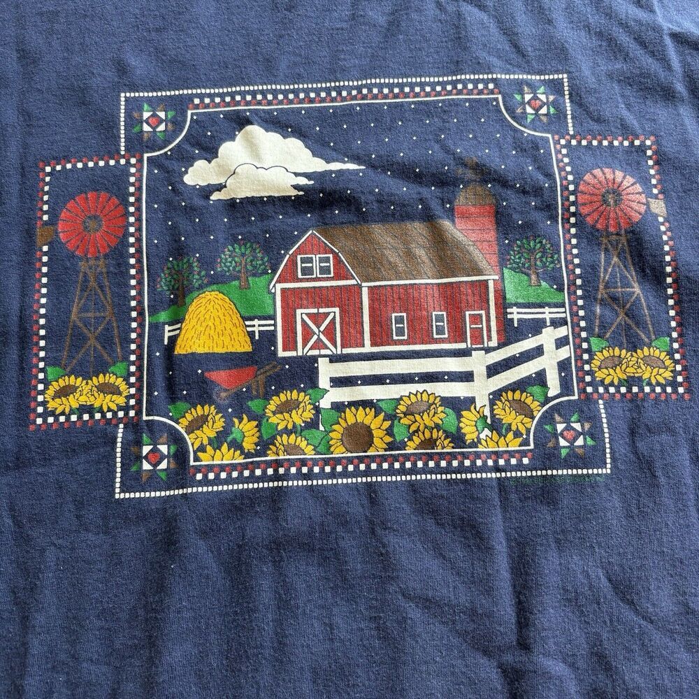 VTG Jerzees Farm Sunflowers Country Print Navy Blue T Shirt Size Large USA Made